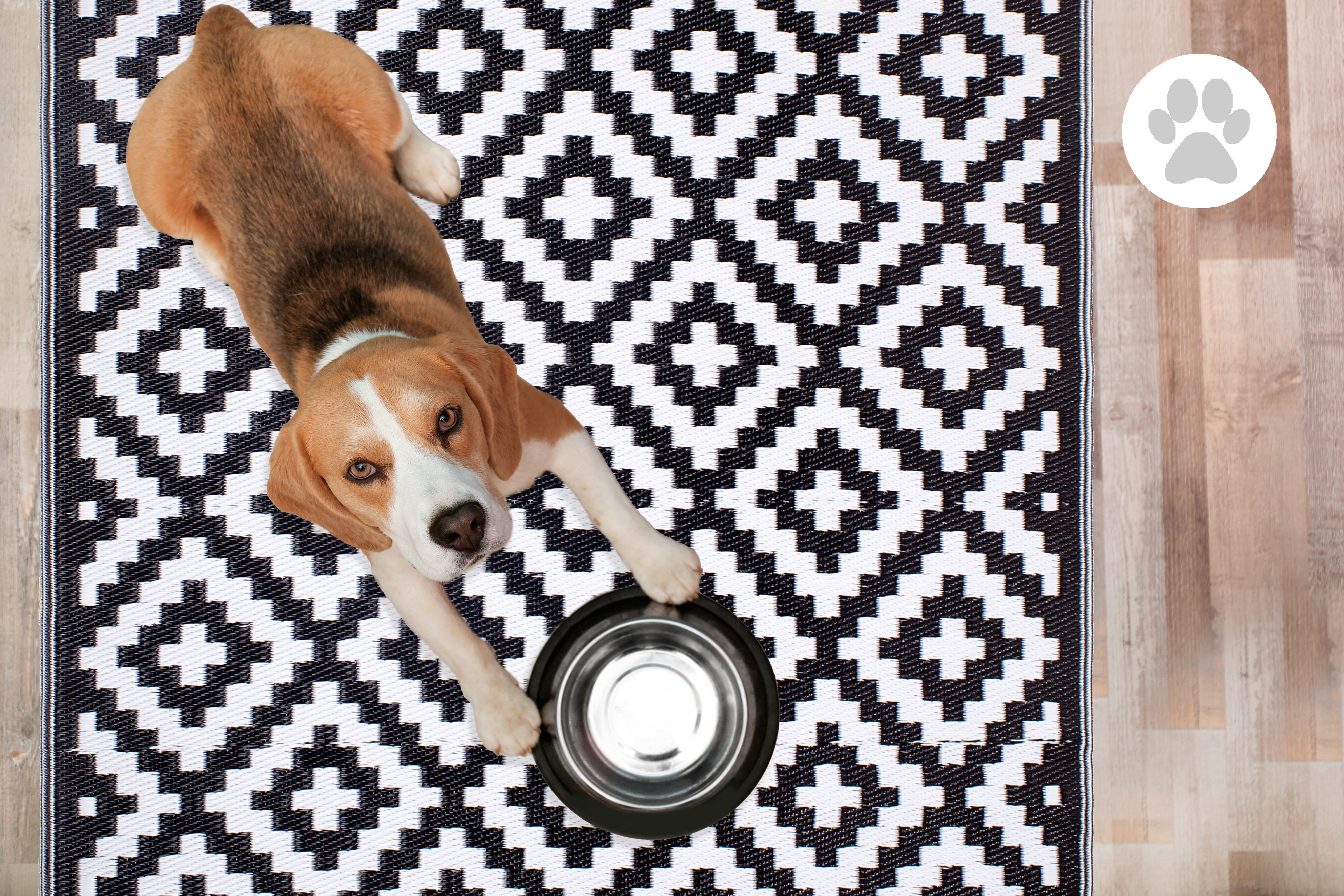 FH Home Outdoor Rug - Waterproof, Fade Resistant, Reversible - Premium Recycled Plastic - Geometric - Large Patio, Deck, Sunroom, RV, Camping - Aztec - Black & White - 4 x 6 ft Foldable