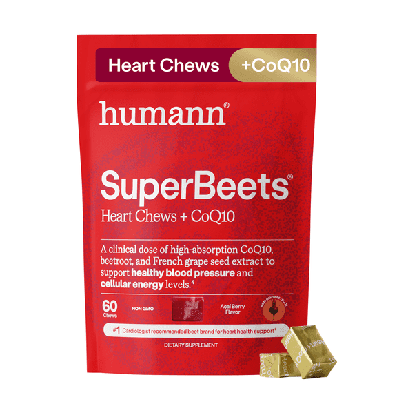 Humann SuperBeets 3-in-1 Heart Chews - 3x Absorption CoQ10 - Plus Beetroot & Grape Seed Extract, Blood Pressure Support, Support Healthy Blood Flow, Circulation, 60 Count