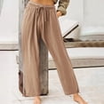 thumbnail image 2 of Summer Pants for Women Cotton Linen Elastic Drawstring Loung Pants Soild Color Wide Legs Beach Trousers with Pockets, 2 of 6