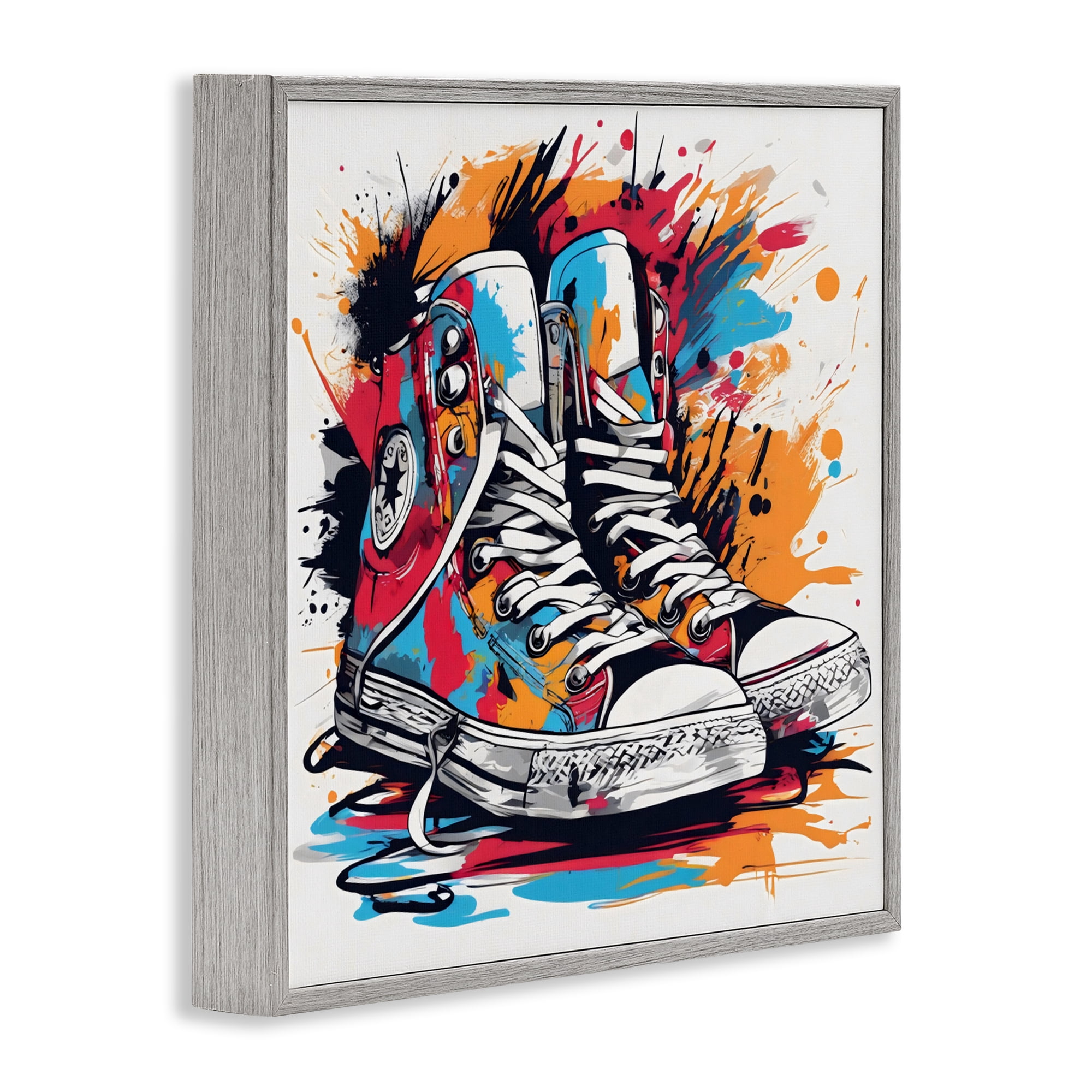 Stupell Industries Colorful Sneakers Graffiti Splash Gray Framed Giclee Art, design by Creative Studio