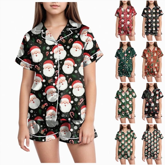 sdbrld Kids Girls Christmas Pajama, 2Pcs Soft Stretch Button Down Pjs Short Sleeve Sleepwear and Shorts Matching Set Sizes 6-7 Years