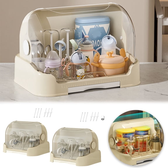 GeBuSn Baby Bottle Drying Rack With Lid Baby Bottle Storage With Removable Drain Tray Space Saving Baby Bottle Rack Dryer Reusable Bottle Rack Holder For Baby (B)