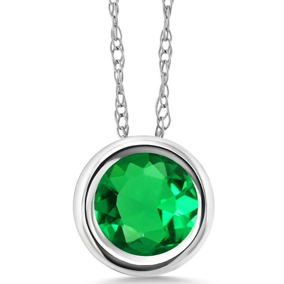 Gem Stone King 14K White Gold Green Simulated Emerald Pendant Necklace for Women (1.00 Cttw, Gemstone, Round 6MM, with 18 inch Chain)
