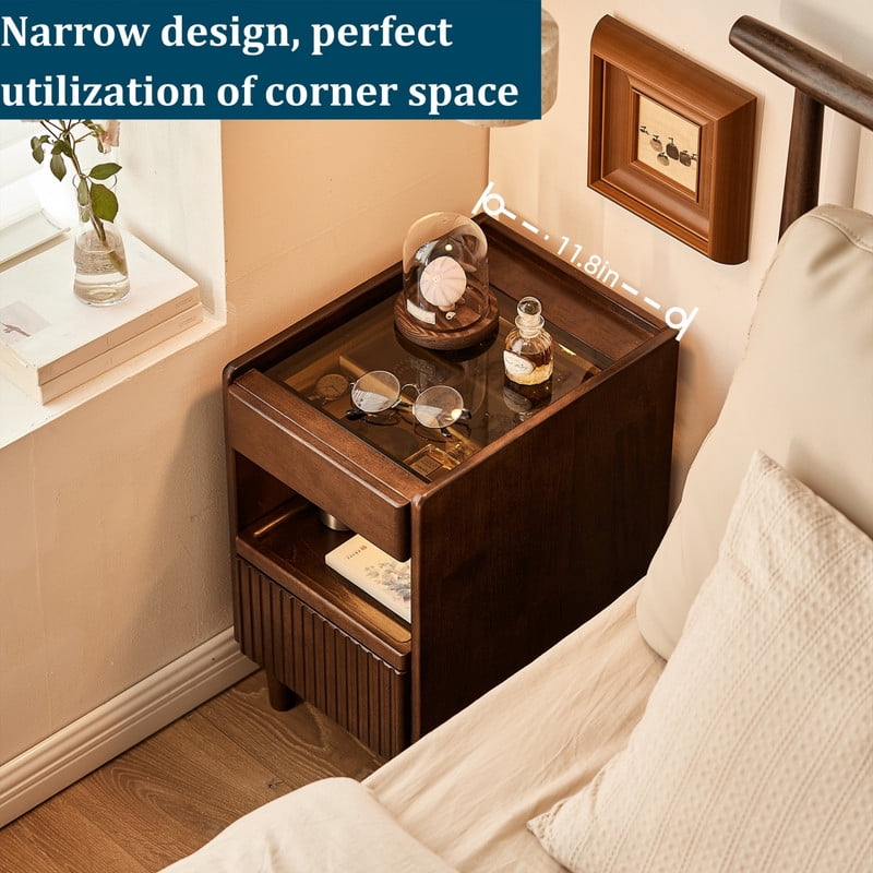 1PCS Solid Wood Nightstand with Drawers and Pull-Out Panel, Bedside Storage Table with Glass Flip Top, Sofa Side Table