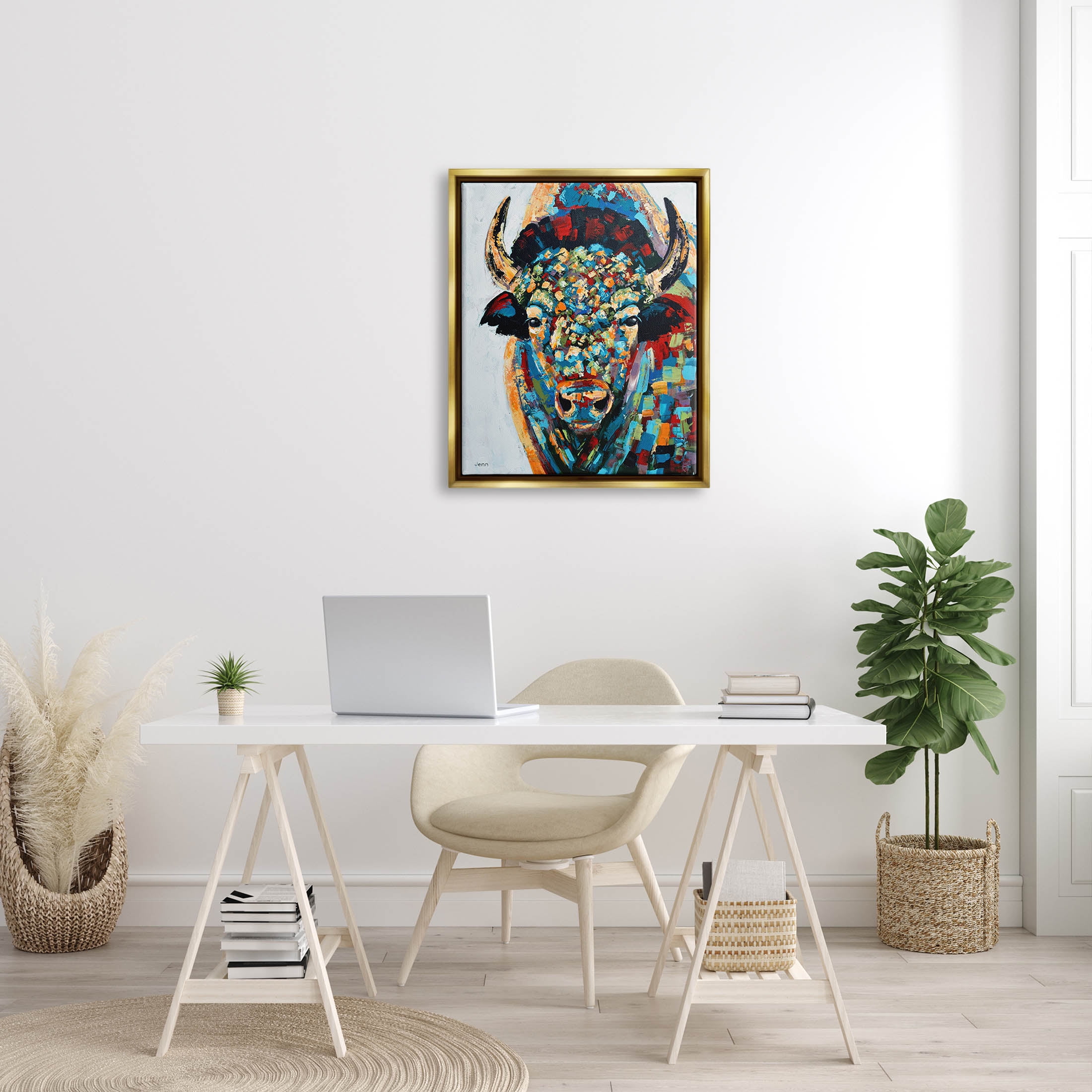 Abstract Bison Kaleidoscopic Strokes Animals & Insects Painting Metallic Gold Framed Art Print Wall Art