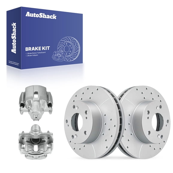 AutoShack Front Brake Rotors & Calipers for Honda, CR-Z 2011-2015, FWD L4 1.5L - Coated Drilled & Slotted - Silver Matte Finish - TurboGuard - 10.31" (261.9 mm), 5-Lug