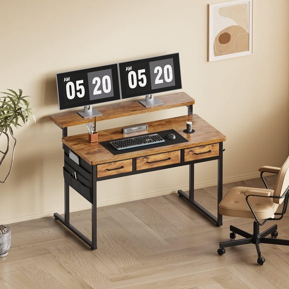 Rustic Brown Computer Desk With Drawers, 31.5 X 15.8-22.9 Inches Office Desk With Monitor Stand And Side Pocket