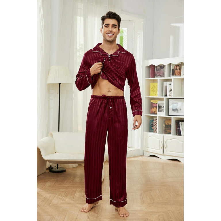 U2SKIIN Mens Silk Pajamas Long Sleeve Men Satin Pajamas Set Striped Button Down 2 Piece Pjs Set Burgundy Stripe L
