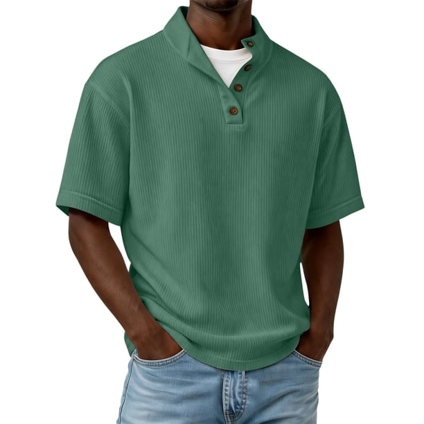 Blusas y camisas de manga corta y cuello redondo para hombre, de pana, color liso, informales, a la moda, con medio botón, cuello alto, manga corta, de poliéster.