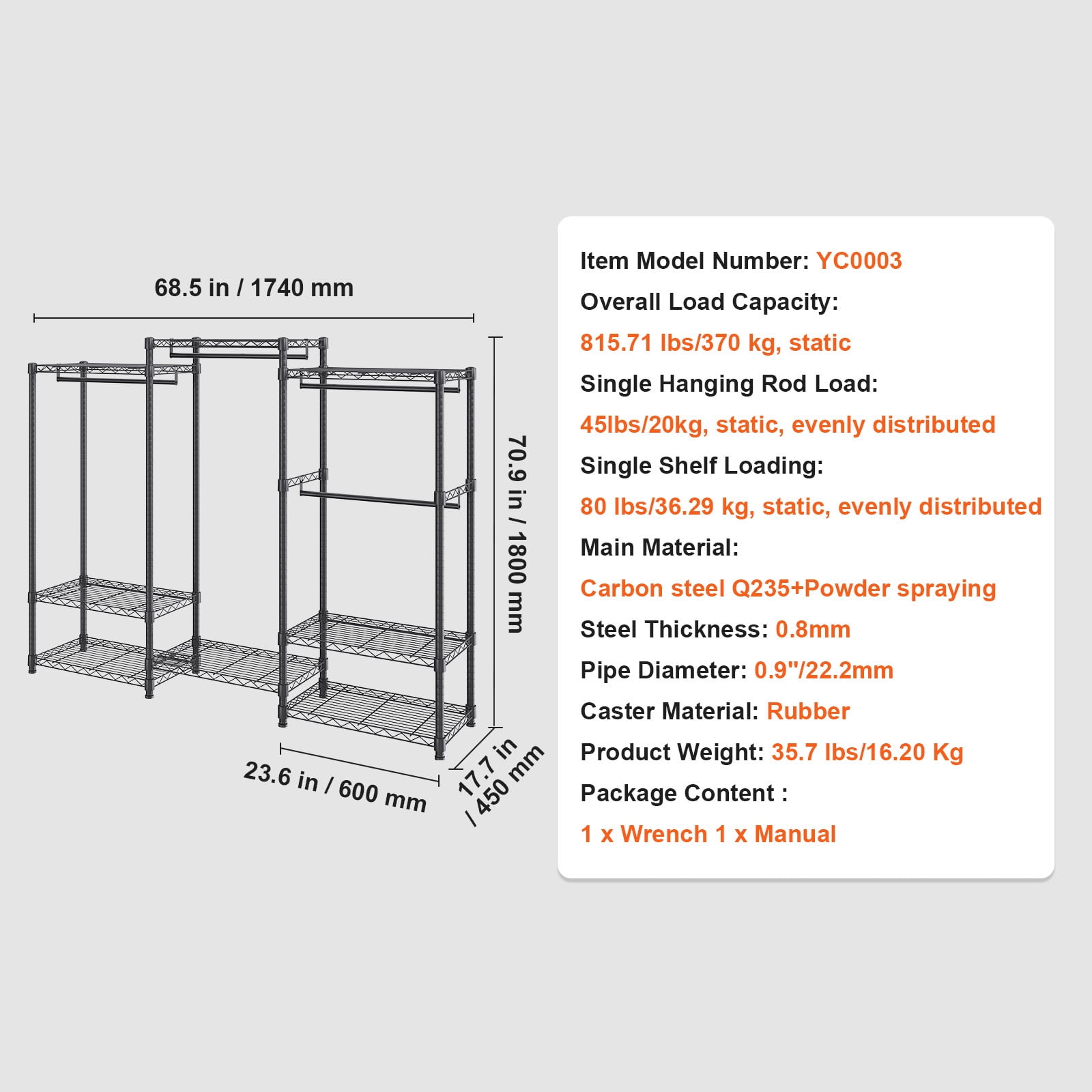 VEVOR Clothes Rack Wire Garment Rack with 4 Hang Rods & 8 Storage Tiers Load 800 LBS Heavy Duty Adjustable Freestanding Clothing Rack 71" H x 69" W x 18" D Black