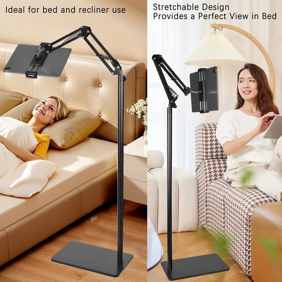 RREGER-Tablet Floor Stand with Double Heavy Duty Stable Base Never Tip Over, Adjustable Height Swivel Overhead Bed Tablet Phone Stand Holder for iPad, Kindle, Galaxy Tab, Cell Phones(4.7''-13'')