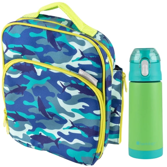 Bentology Blue Camo Insulated Lunchbox Kit w Blue Green 13 Ounce Water Bottle