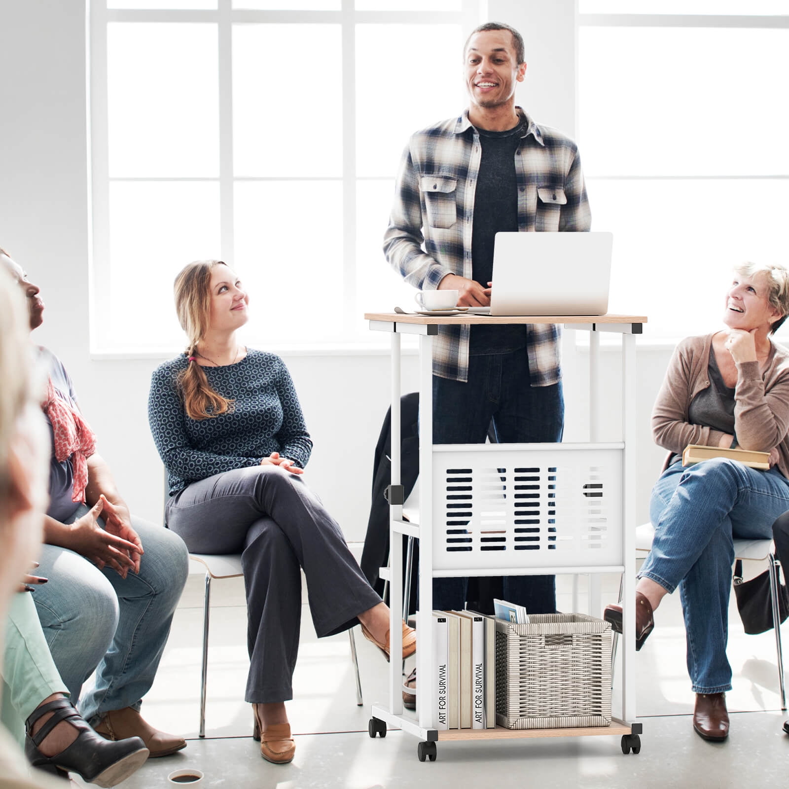 Costway Adjustable Standing Desk with Footrest Mesh Panel Lockable Wheels Sit Home Office
