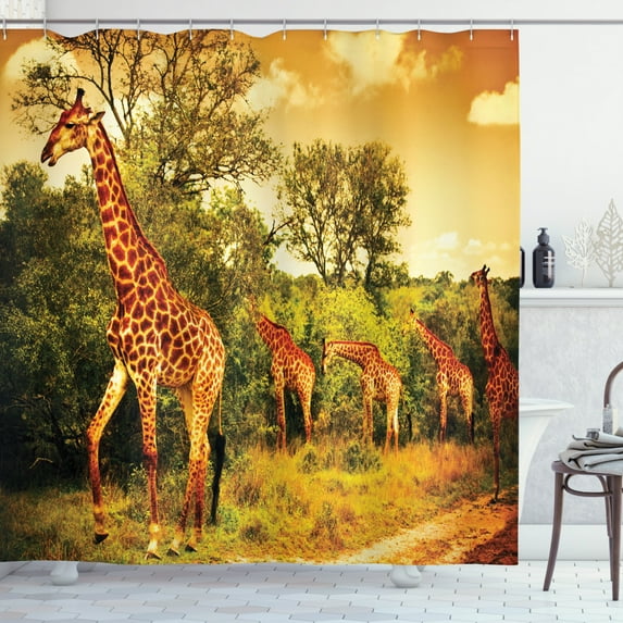 Ambesonne Giraffe Shower Curtain, Savannah Animals Wildlife, 69"Wx70"L, Dark Orange and Green