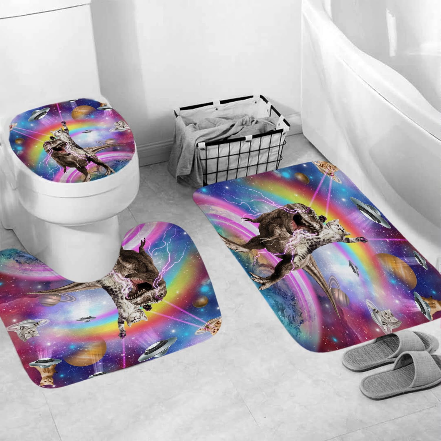 4 Pcs Kids Boys Shower Curtain Sets with Non-Slip Rugs, Cartoon Planet Cute Universe Galaxy Space Moon Kid Shower Curtain Bathroom Set Baby Cosmos for Boys Girls Kids Bath Curtain 72x72In