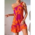 thumbnail image 4 of Women'S One Shoulder Leaf Print Self-Tie Short Dress Sleeveless Tiered Hem Formal Dress Red L, 4 of 9
