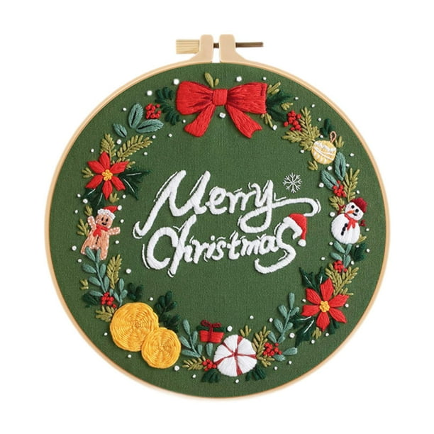 Kit de bordado navideño, bordado a mano para adultos y principiantes, regalo de Navidad Corona navideña A