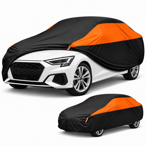 AUKMTO 190D Waterproof Car Cover for Sedan, Indoor and Outdoor Use, Rain and Dust Protection, Reflective Strips, Black and Orange, L