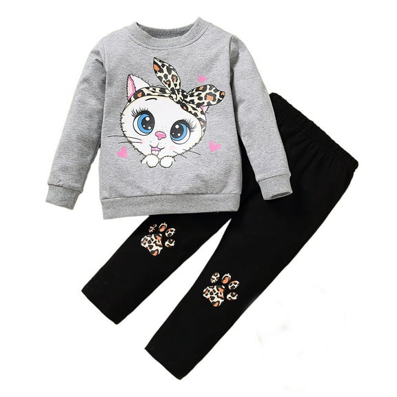 Emy Dola 1-6 Years Toddler Baby Girl Clothes Fall Winter Outfit Little Girls Leopard Cat Sweatshirts Pants Set Baby Sweatsuit Clothing