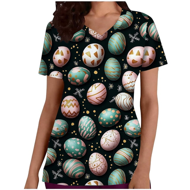 Blusa médica para mujer, con estampados navideños, cuello en V, manga corta, con bolsillos