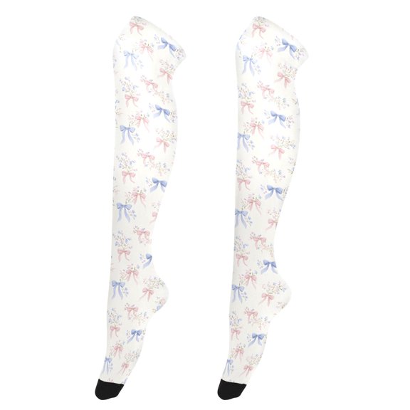 Blue Pink Bow Floral High Thigh Socks Over Knee Thin Tights Long Stocking for Women Leg Warmer