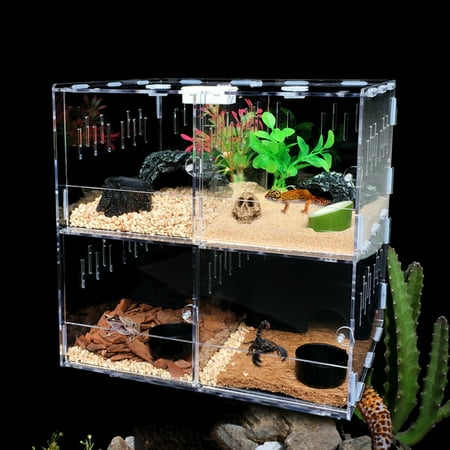FETCOI Acrylic Climbing Pet Box 4 Grids Large Enclosure Lizard Spider Tank +Thermometer