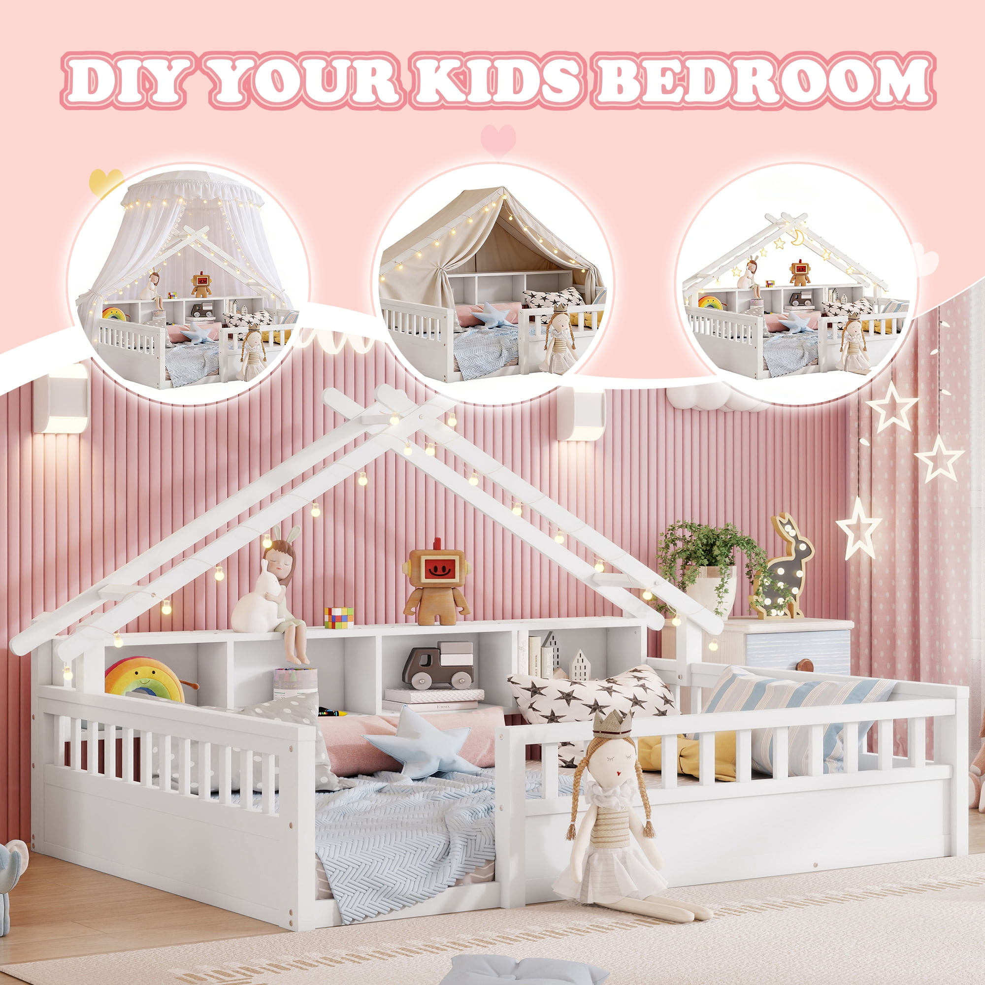 Mirightone Full Size Montessori Floor Bed with LED Light, Storage Bookcase & Safety Rail, Solid Pine Wood  House Floor Bed, No Box Spring Needed (White)
