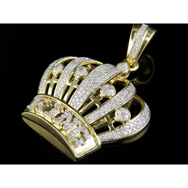 Men's 10K Yellow Gold Real Diamond King Crown Royal Pendant Charm 1 3/8 Ct  1.75