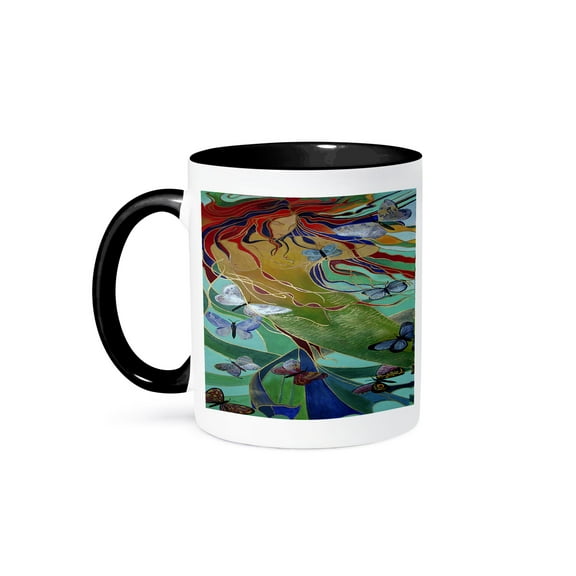 3dRose, Mermaid and Butterflies - elusive, untamed, art nouveau, femininity, mythology, butterflies, mermaid, 11oz Two-Tone Black Mug