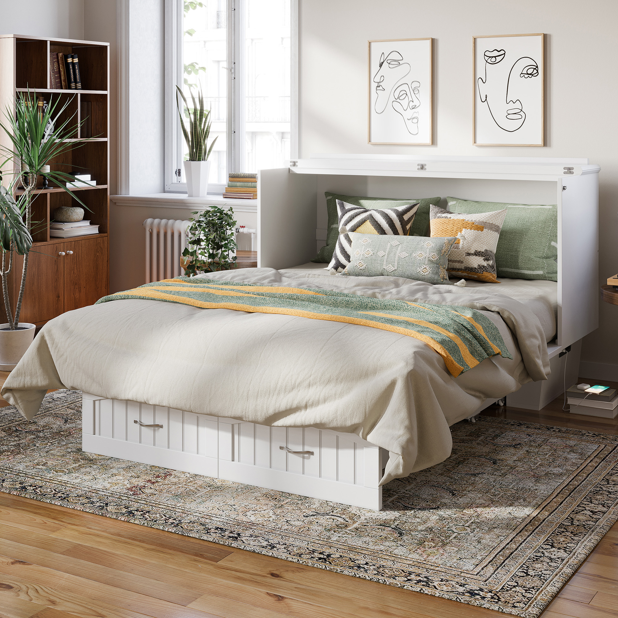 AFI Sydney Queen Murphy Bed Chest with 6" Mattress, Storage, & Built-in Charger, White