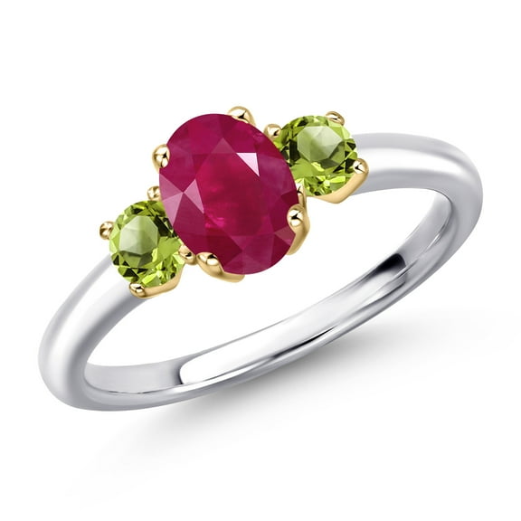 Gem Stone King 10K Two Tone Gold Red Ruby and Green Peridot Engagement Ring for Women | 1.41 Cttw | Oval 7X5MM | Gemstone July Birthstone | Size 6