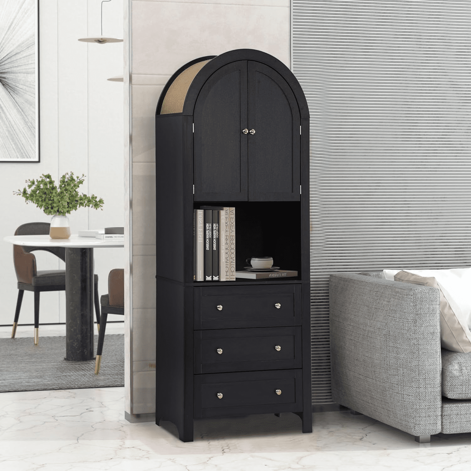 LEFHDA 6-Tier Arched Storage Cabinet with Drawer, Cabinet with Doors and Countertop, Arched Bookcase with Storage, Kitchen Pantry Cabinet, Wooden Storage Cabinet for Living Room