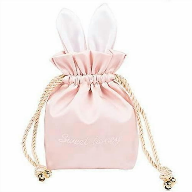 Cute Bunny Drawstring Makeup Bag Kawayi Cosmetic Bag Silk Rabbit Ears Bags Super Light Portable Travel Bag for Women Girls (Pink)
