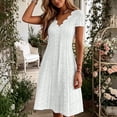 thumbnail image 7 of ChaoHeng Dresses for Women for Solid Linen V Neck Button Short Sleeve Mid Calf Breathable Summer Casual Dress White S, 7 of 7