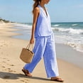 thumbnail image 5 of Dianli 2 Piece Sets for Women Summer Linen Plaid Two Piece Set V Neck Top and Wide Leg Pants Matching Outfit Stylish Casual Wear for Women Summer Vacation Travel and Daily Use Blue XL, 5 of 7