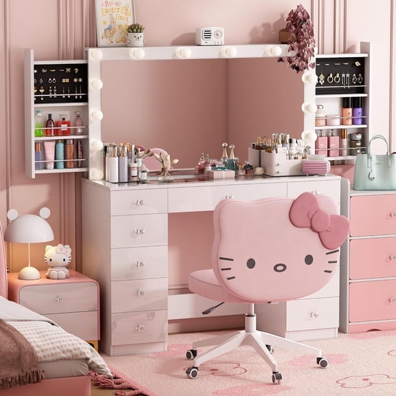 Vanity Desk with Power Outlet, Makeup Vanity with Mirror and 14 LED Light, 3 Lighting Modes,11 Drawer Vanity Table with Sliding Jewelry Storage, Glass Top, Specular Surface