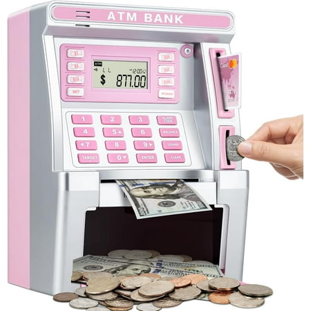 Pink Piggy Bank for Kids, ATM Machine Bank for Real Money with Debit Card, Bill Feeder, Coin Recognition, Balance Calculator, Electronic Savings Safe Box, Gifts for Teen Boy Girl