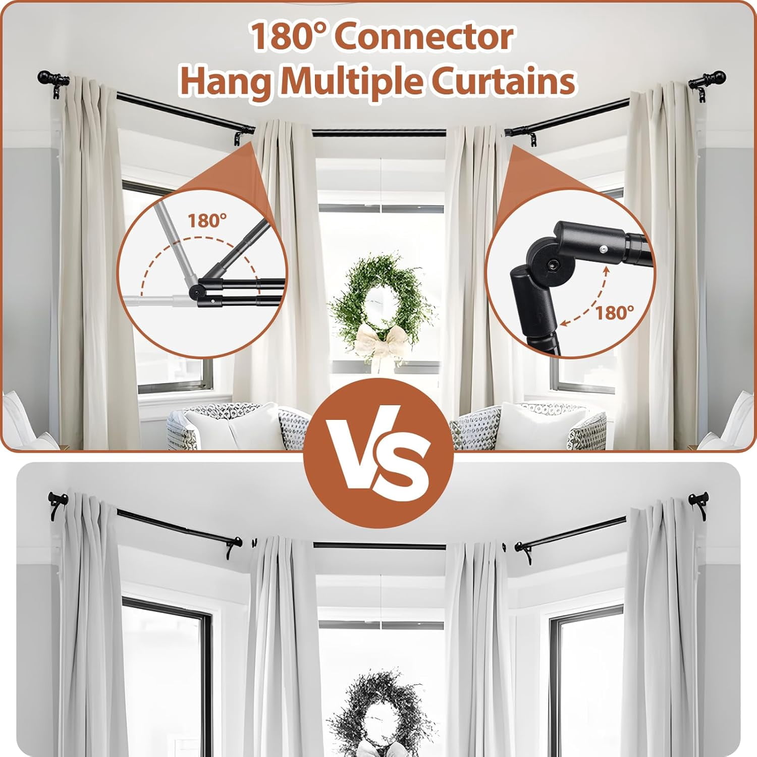 Corner Curtain Rod, 1 Inch Heavy Duty Metal L Shaped Corner window Curtain Rod, 32-136” Adjustable Curved Curtain Rod for Corner Window White