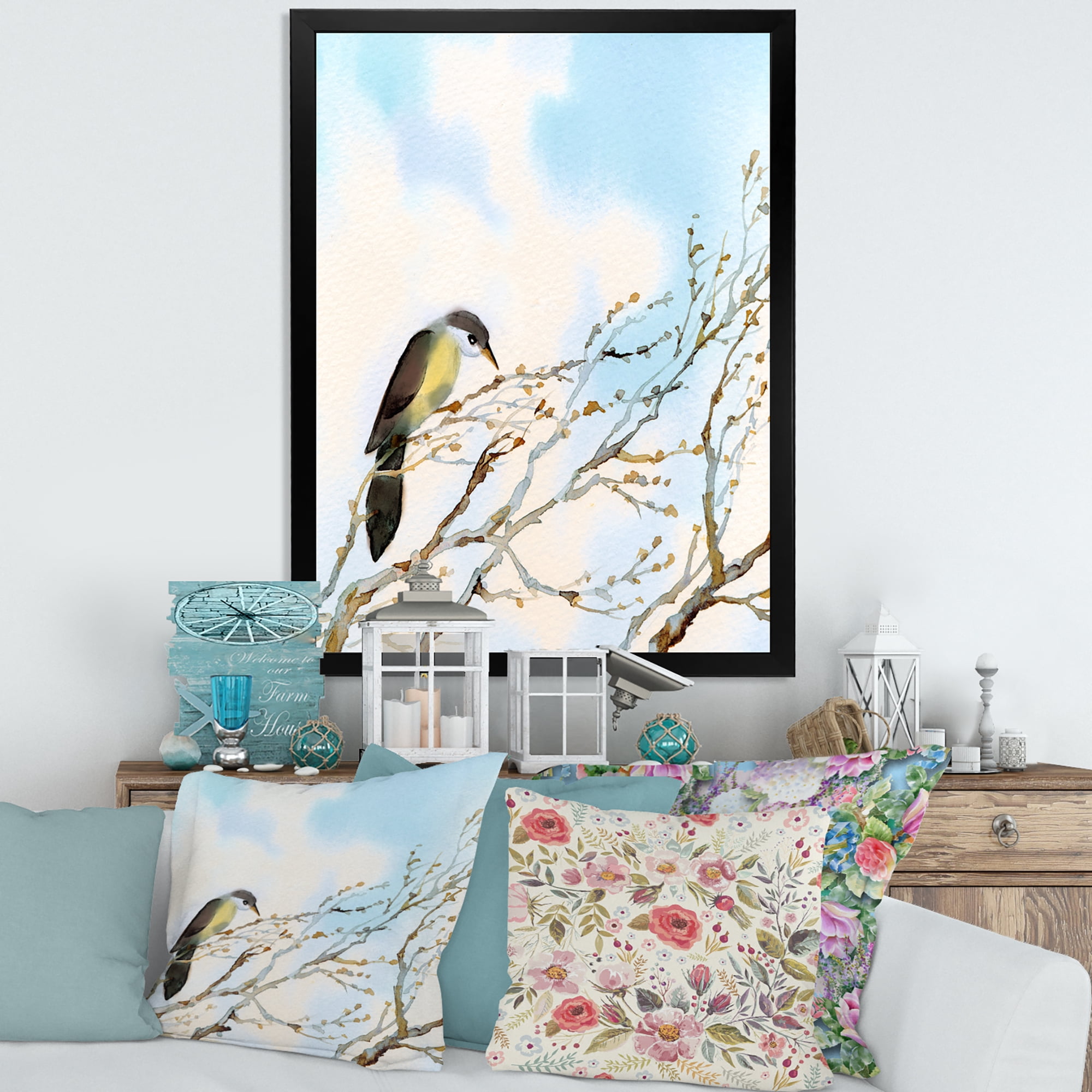 Designart 'Bird Sitting On Old Bare Tree With Blue Cloudy Sky' Traditional Framed Art Print