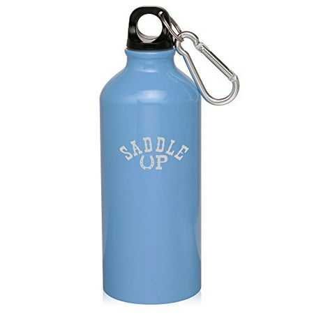 - 20oz Aluminum Sports Water Bottle Caribiner Clip Saddle Up Horseshoe (Light Blue)