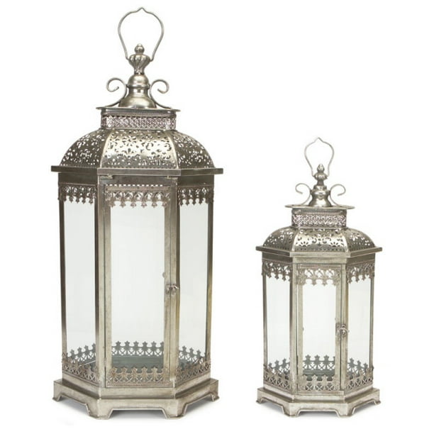 Set of 2 Antique Style Silver Decorative Glass Pillar Candle Lanterns