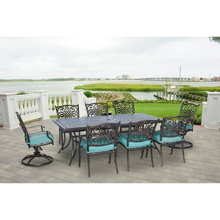 Hanover Traditions 9-Piece Rust-Free Aluminum Outdoor Patio Dining Set with Blue Cushions, 8 Dining Chairs and Aluminum Rectangular Dining Table, TRADDN9PC-BLU