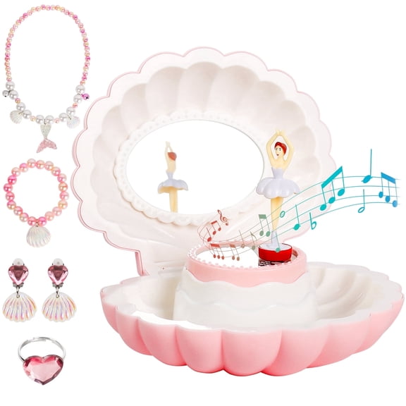 Music Box with Jewelry Set, Shell Music Box with LED Light, Ballerina Melody Box With Mirror for Birthday, Christmas Gifts, Pink and White Musical Jewellery Box for Kids, Girls, Daughters, Nieces