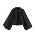thumbnail image 2 of Lutiedan Cropped Zip Up Jacket for Women Lapel Puff Long Sleeve Pleated Coat Casual Baggy Trendy Colid Color Outerwear,Black,M, 2 of 6