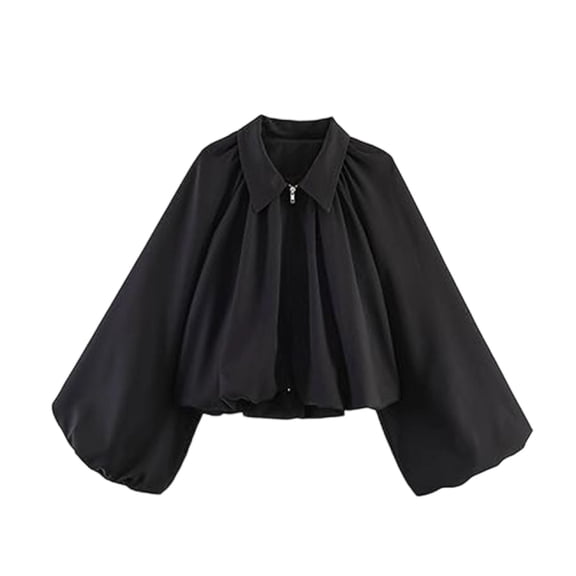 ZGRBOU Women's Cropped Puff Sleeve Bomber Jacket Collared Zip Front Coat Fasion Casual Lightweight Pleated Shirts