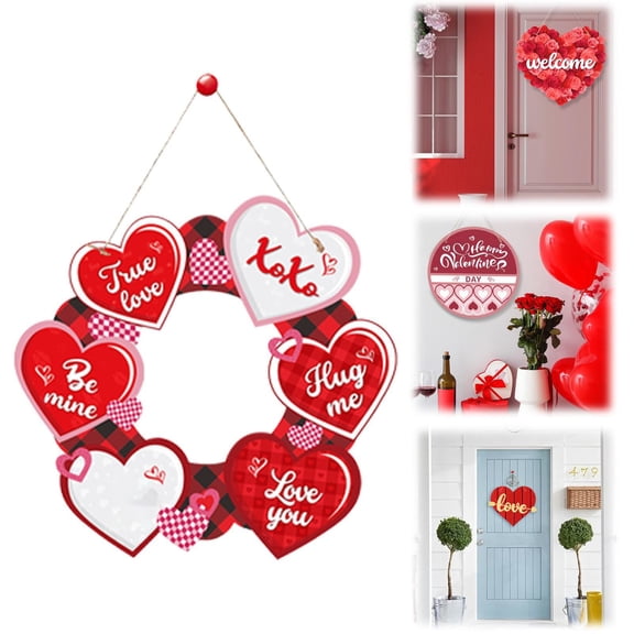 Happy Valentine's Day Signs Hanging,Heart Door Hanger With Ribbon,Paper Door Sign Truck Gnome Valentine's Day Decor, Valentine's Day Pink Red Heart Wreath For For Home Wedding Anniversary Wall Decor