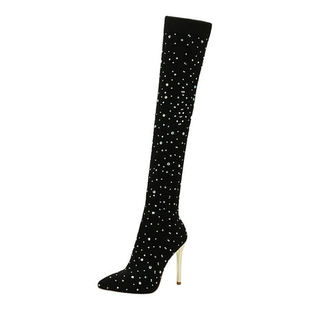 

Foreign Trade Elastic Thin Mesh Boots Nightclub Rhinestone High Knee Boots Fashion Large Size Thin Heel Women s Show Story Heels for Women Thigh High Knee High Boots for Women with Heel Nine
