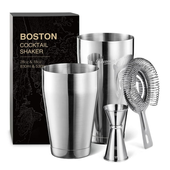 KITESSENSU Boston Cocktail Shaker Set, 4-Piece Martini Shaker, Boston Shaker with 18oz & 28oz Mixed Drink Shaker, Hawthorne Strainer, Double Measuring Jigger, Cocktail Recipe Cards Included