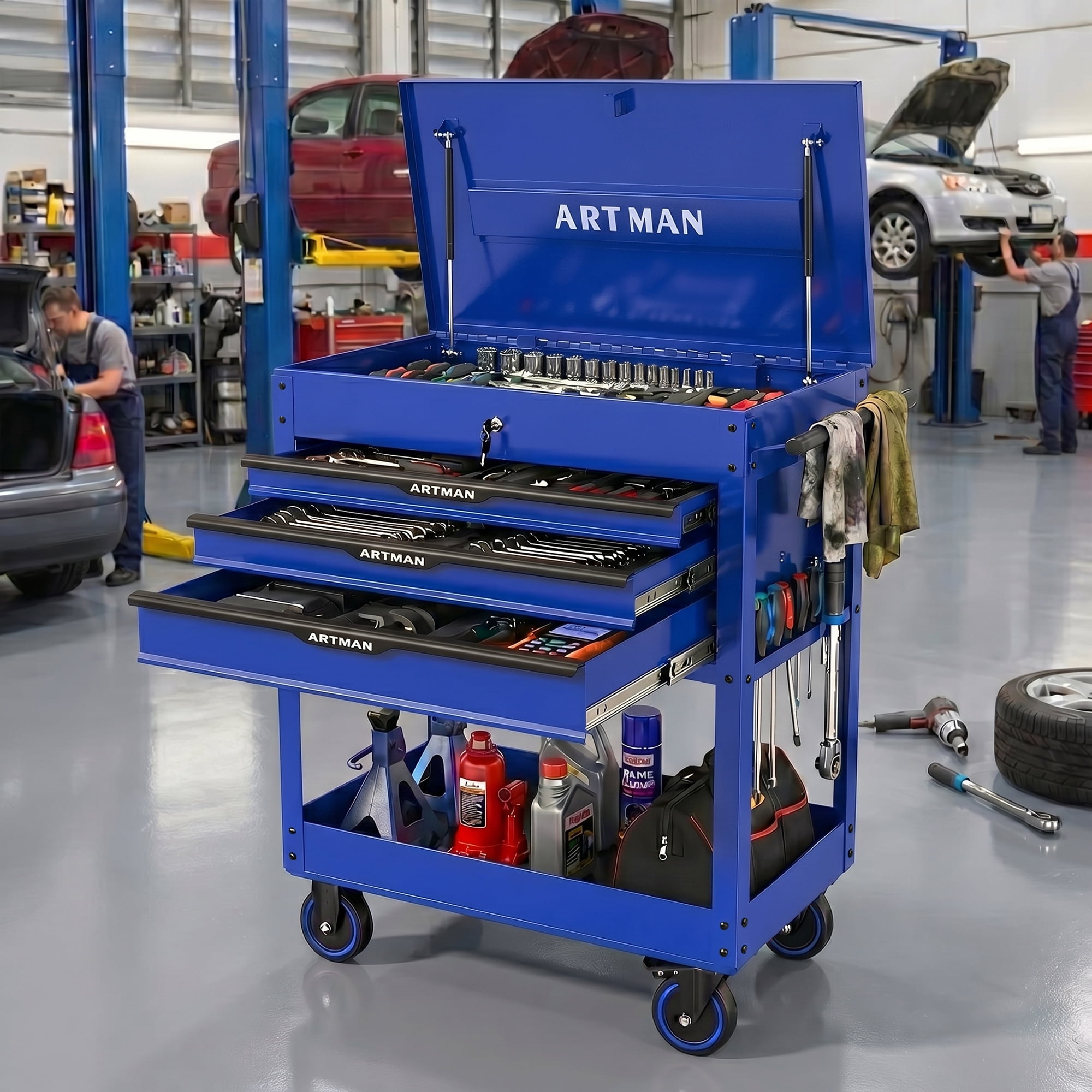 3 Drawer Tool Cart With Wheels and Steel Top