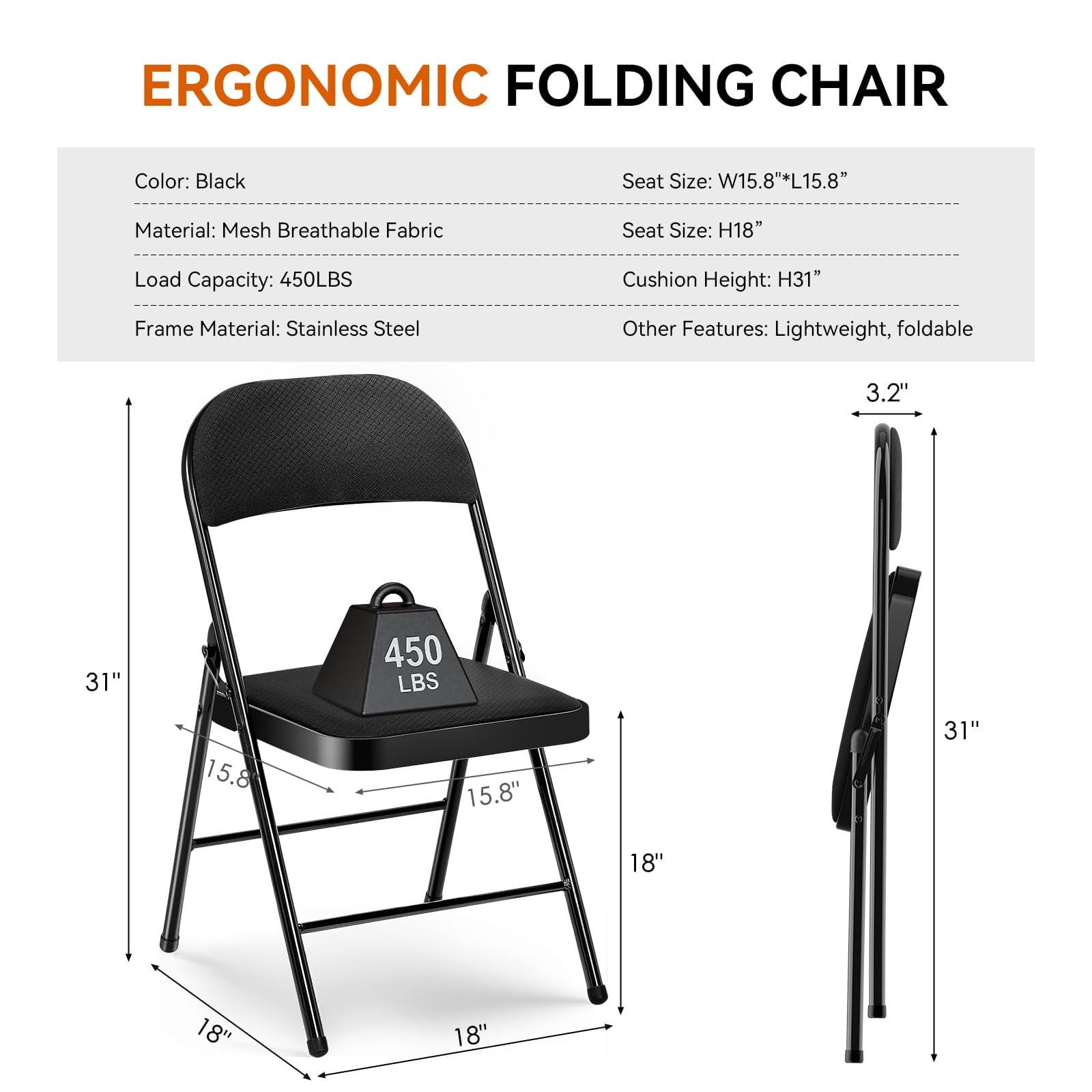 Fenbeli Woven Textilene Folding Chairs 2 Pack, Black Breathable Padded Seats with Steel Frames, Portable Seating for Home Office Parties and Events